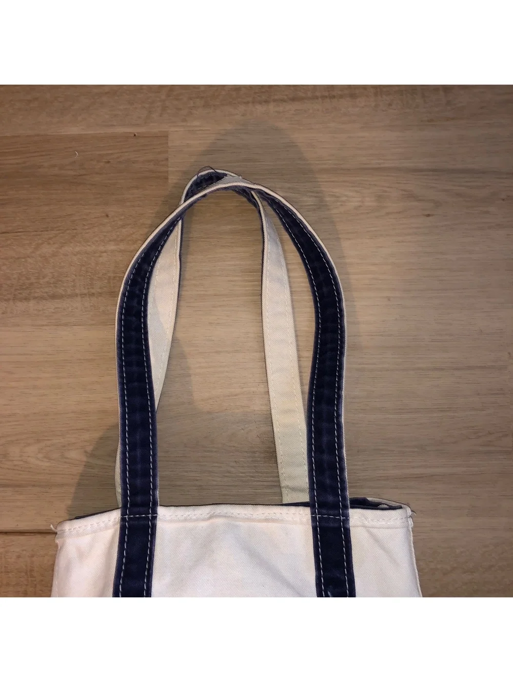 VINTAGE LL BEAN BOAT & TOTE WHITE CREAM NAVY BLUE CANVAS BAG SMALL LONG HANDLES